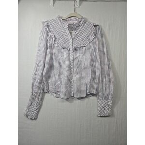 FAHERTY Women's Alma sz M modal/linen‎ Western Blouse Ruffle L/S Check Crop Top